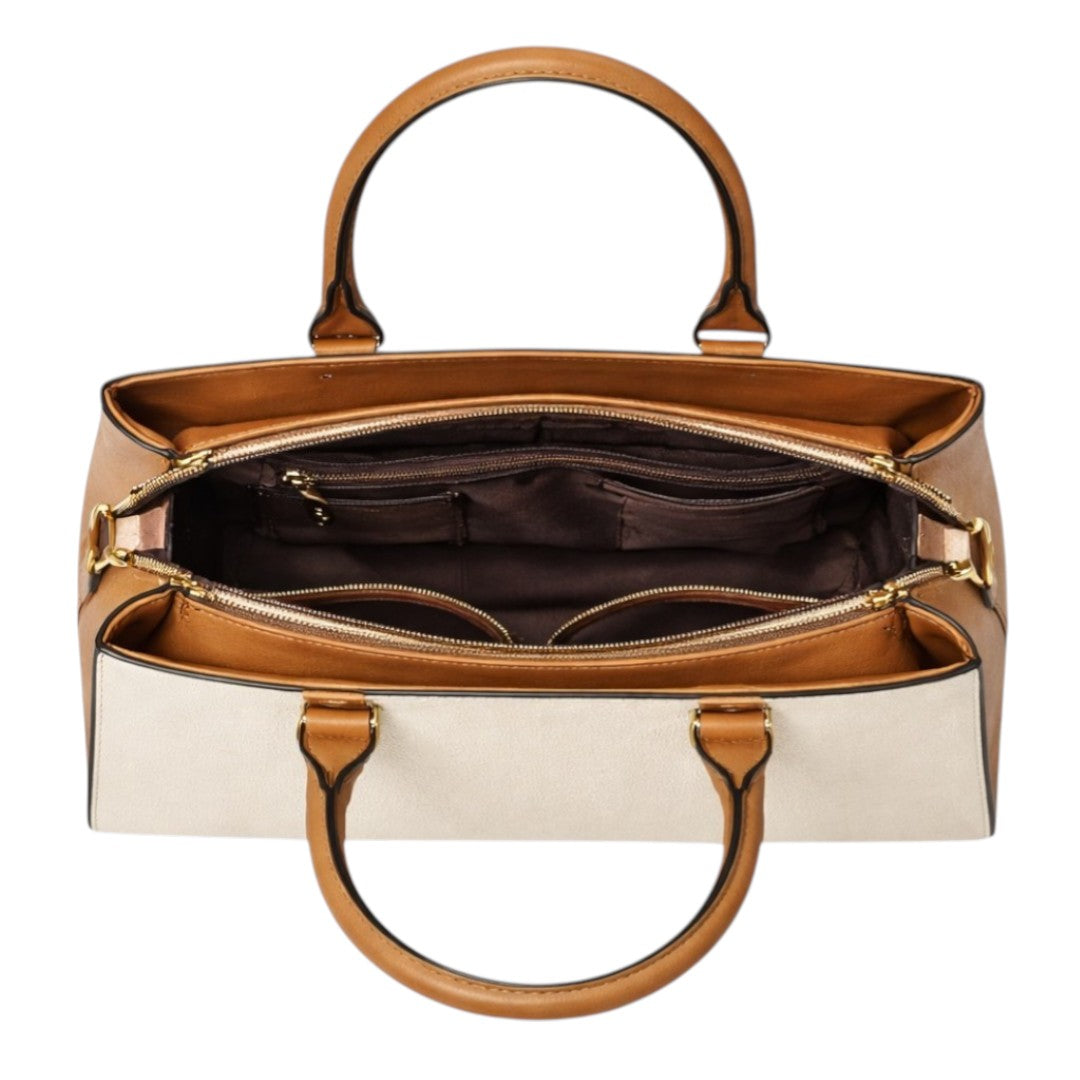 Fibez Elegant Two-Tone Leather Top Handle Handbag for Women